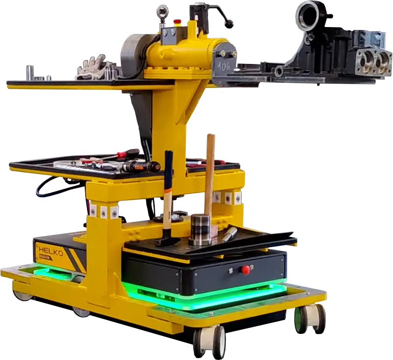 Helko AMR transporting a mobile assembly workstation equipped for manufacturing a hydraulic component