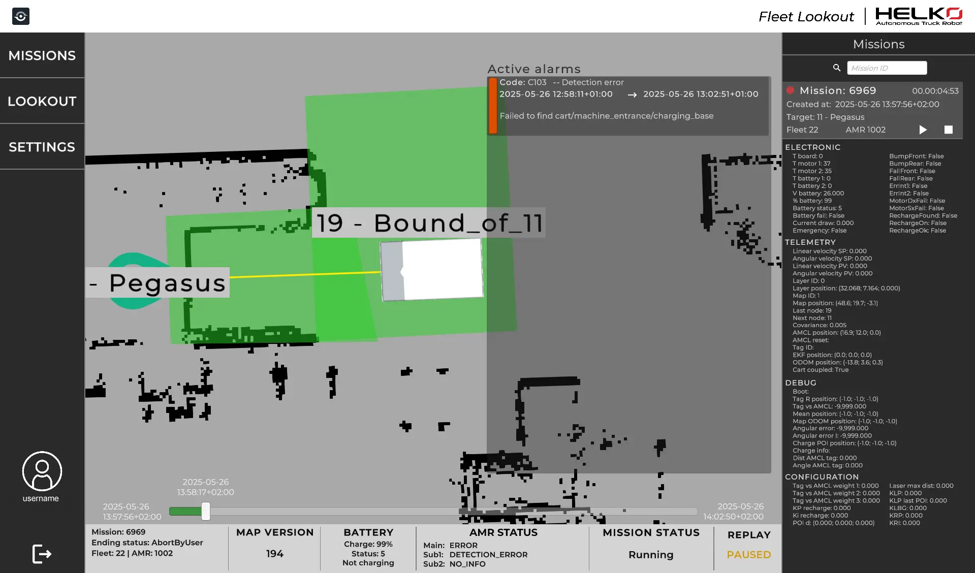 Fleet Lookout mission replay with telemetry and robot alarm history