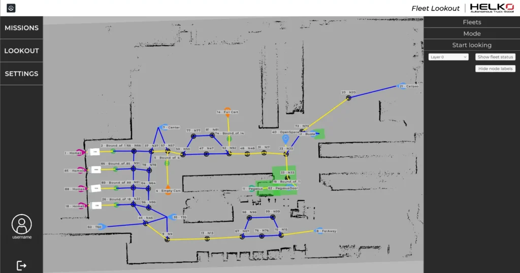 Real-time monitoring of a fleet of 4 Helko AMRs via Fleet Lookout software with full mission display