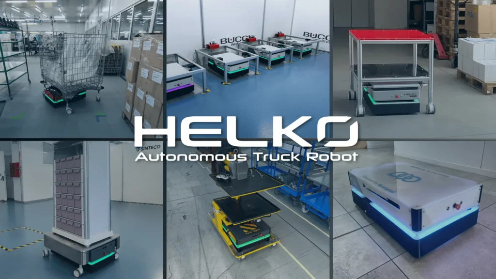 Helko in varie applicazioni industriali e logistiche: robot mobile autonomo con diverse configurazioni hardware e carrozzerie personalizzate.