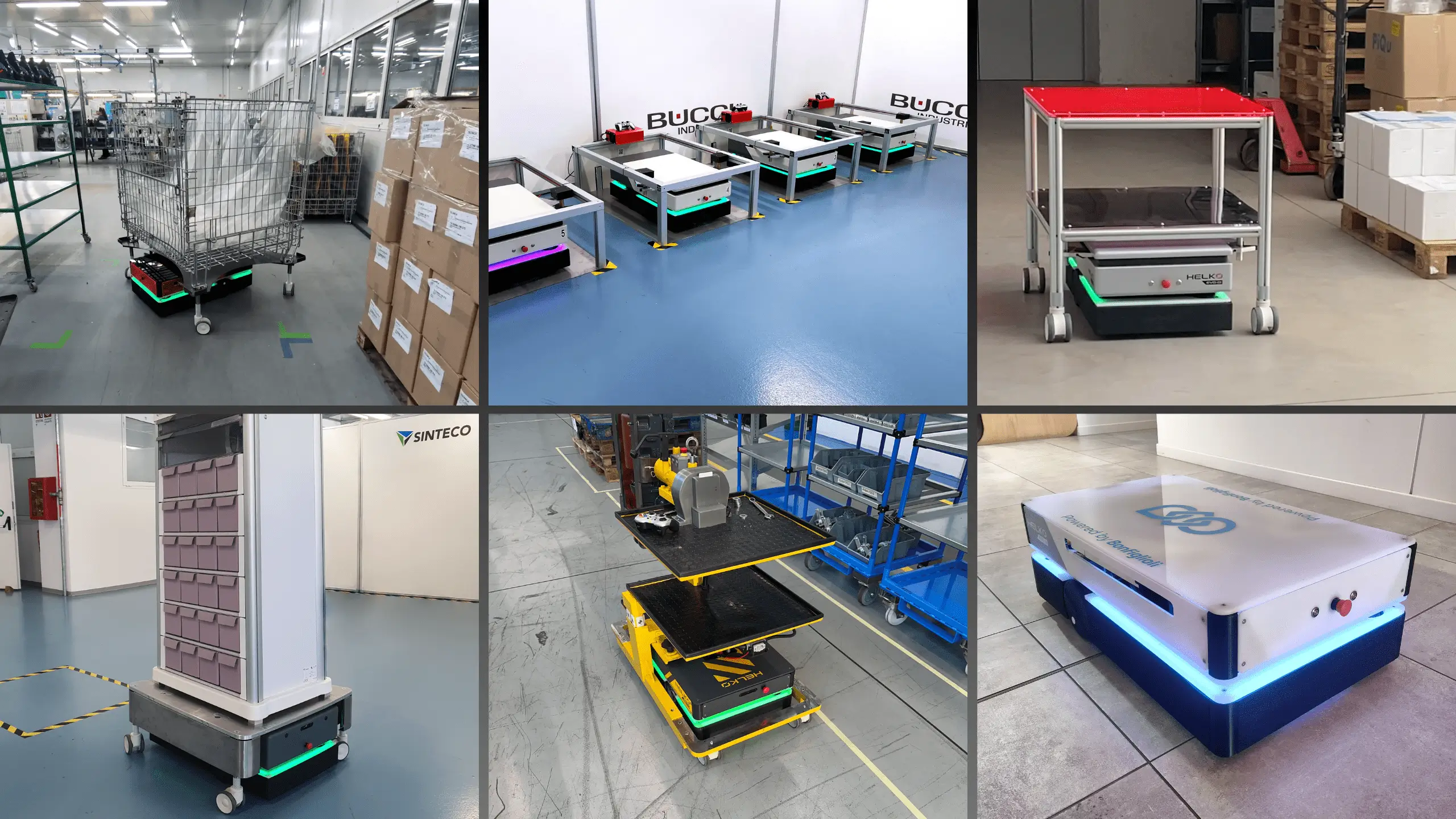 Helko in varie applicazioni industriali e logistiche: robot mobile autonomo con diverse configurazioni hardware e carrozzerie personalizzate.
