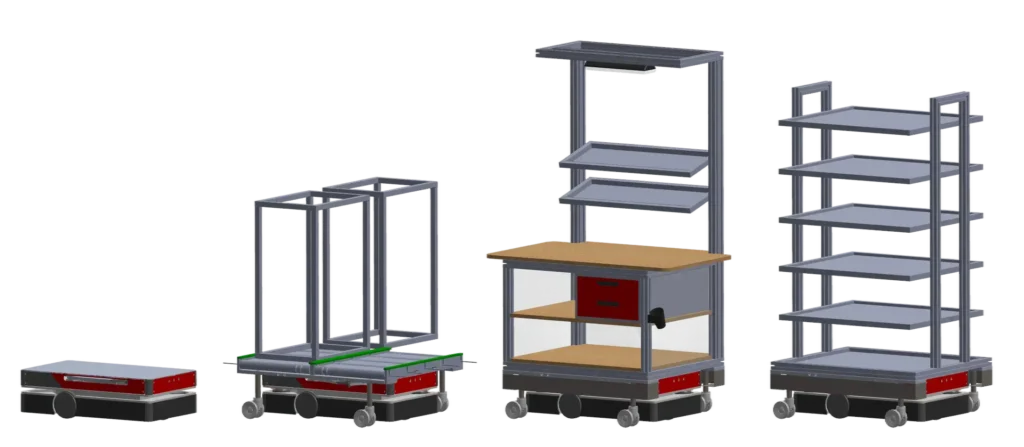 Esempi di applicazioni Helko in 3D, con AMR agganciato a carrello con rulliera automatizzata, banco da lavoro mobile e scaffalatura su ruote.