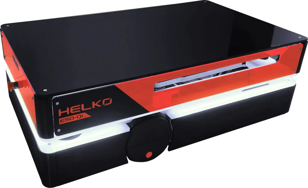 Helko con sistema di aggancio laterale chiuso e luci LED attive, pronto per la movimentazione autonoma