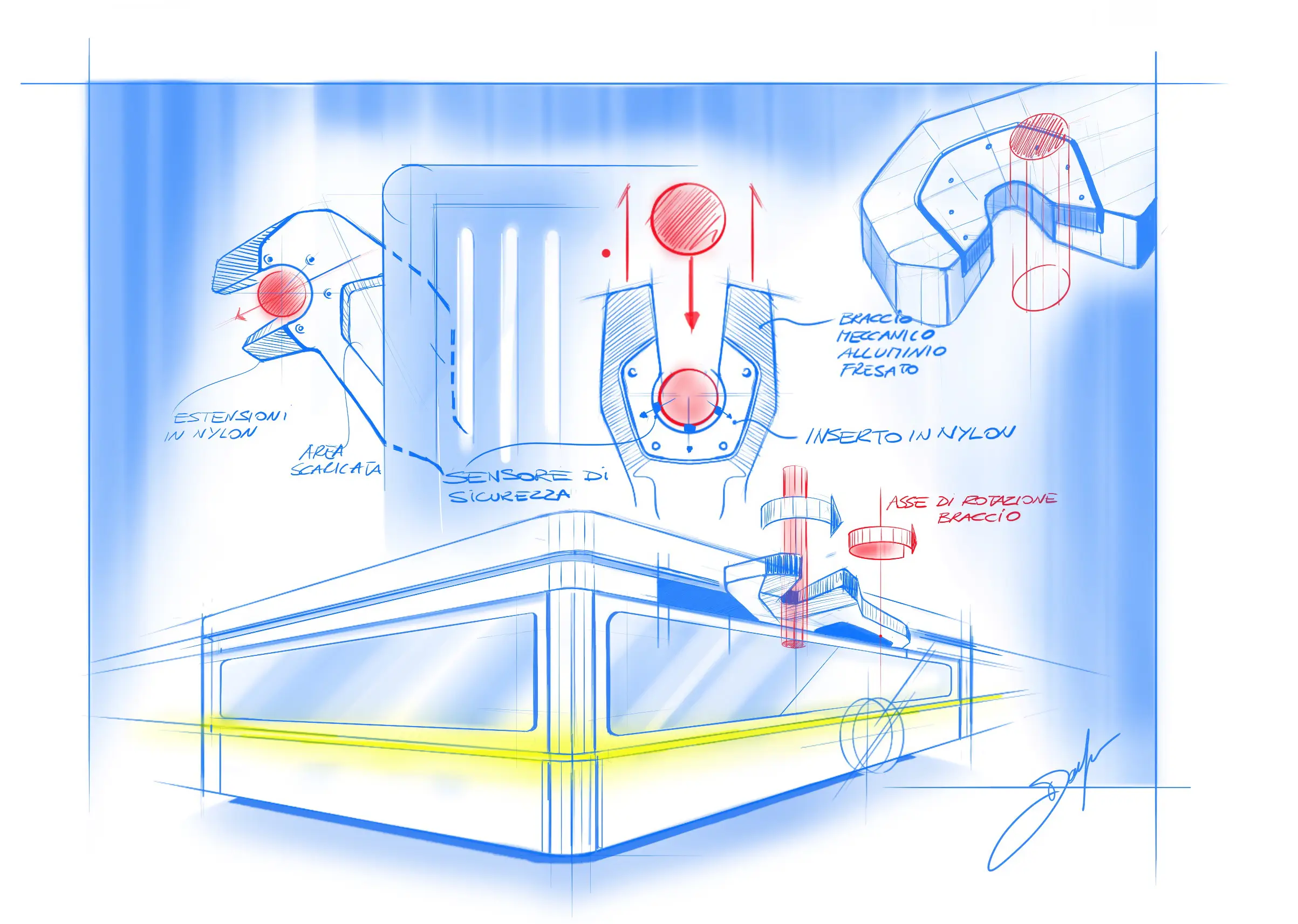 Progetto preliminare del sistema di aggancio brevettato di Helko con disegno tecnico delle chele laterali.