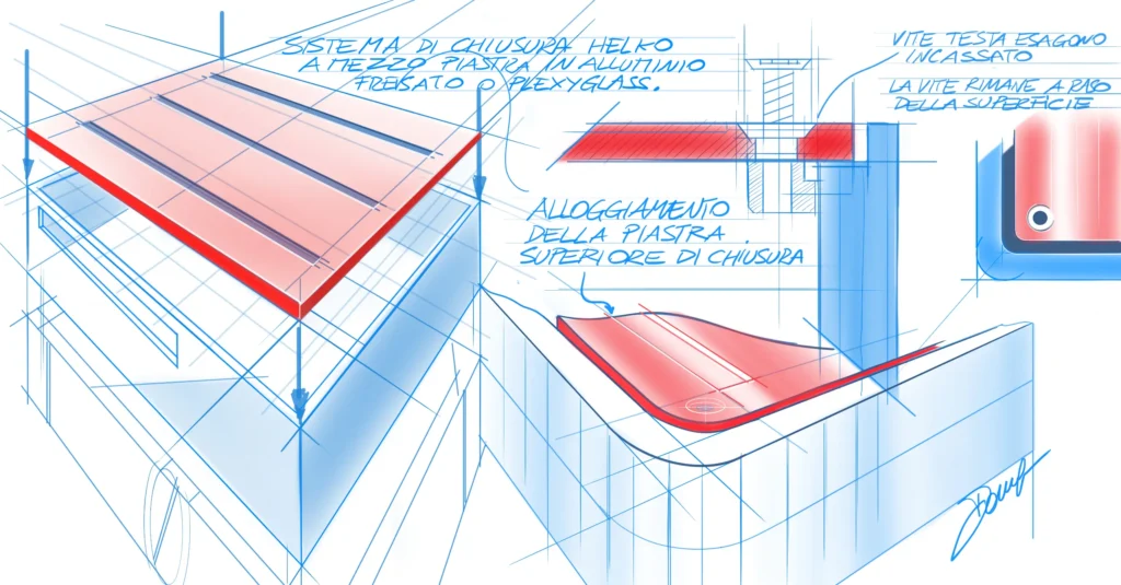 Dettaglio progettuale della chiusura pannelli e sistema di fissaggio viti nella carrozzeria di Helko AMR.