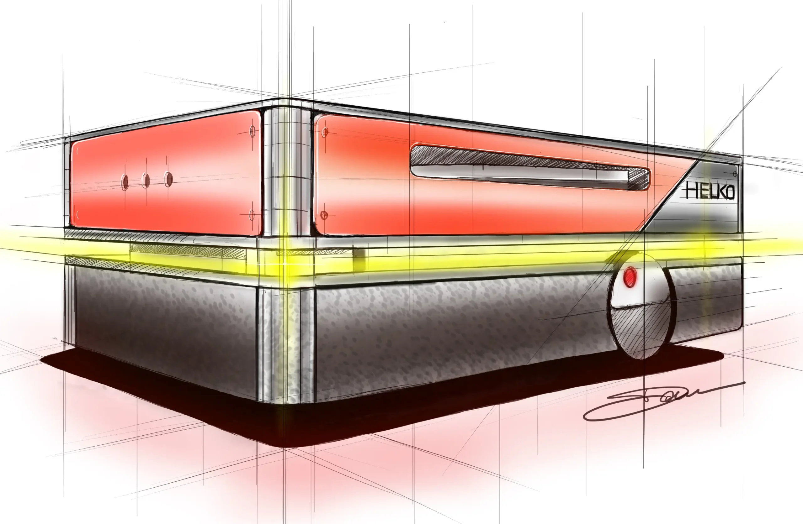 Bozzetto concettuale del design di Helko AMR con vista d’insieme su forma e componenti principali.