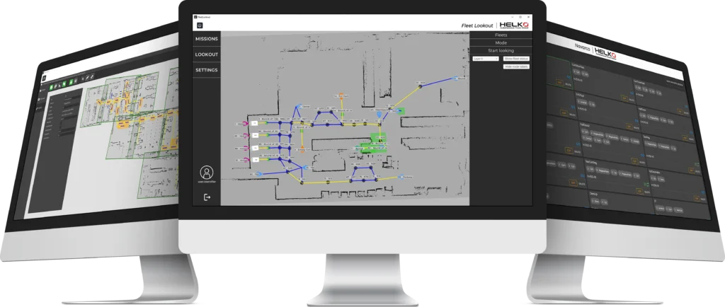 Interfacce dei software Helko su tre monitor: gestione missioni Navarco, monitoraggio flotta Fleet Lookout, mappatura ambienti Map Editor.