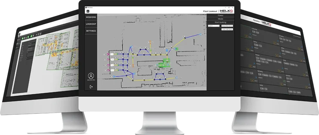 Interfacce dei software Helko su tre monitor: gestione missioni Navarco, monitoraggio flotta Fleet Lookout, mappatura ambienti Map Editor.