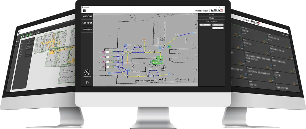 Interfacce dei software Helko su tre monitor: gestione missioni Navarco, monitoraggio flotta Fleet Lookout, mappatura ambienti Map Editor.