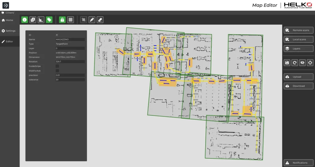 Gestione di una mappa complessa a più livelli di navigazione con funzionalità multi-mappa nel software Map Editor.