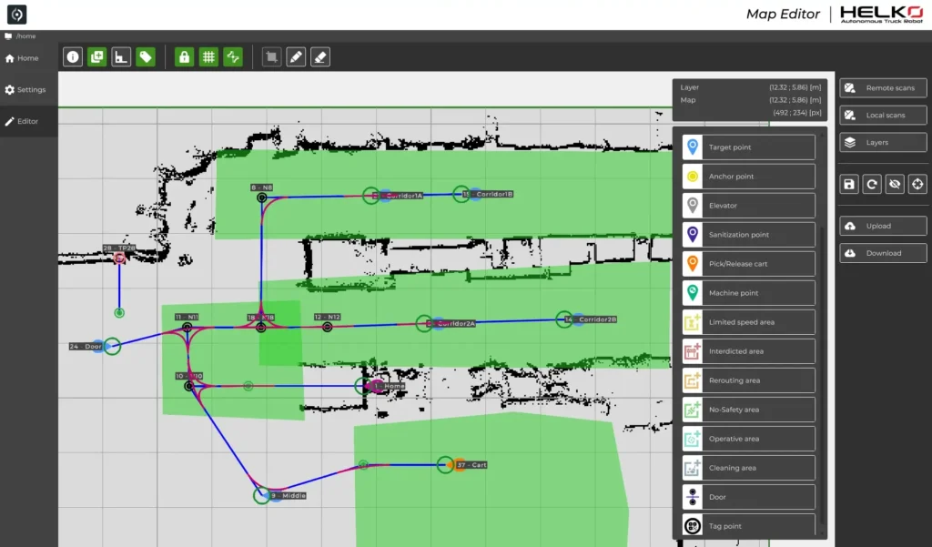 Editing di una mappa di navigazione in Map Editor con libreria oggetti attiva per la configurazione dei percorsi AMR.