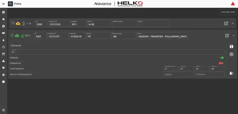 Monitoraggio dello stato operativo dei robot mobili Helko tramite interfaccia Navarco.
