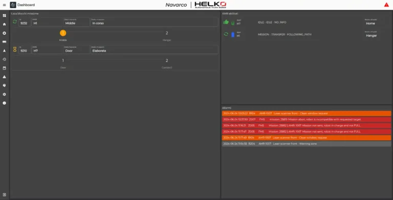 Dashboard Navarco per il controllo in tempo reale delle missioni attive della flotta AMR.